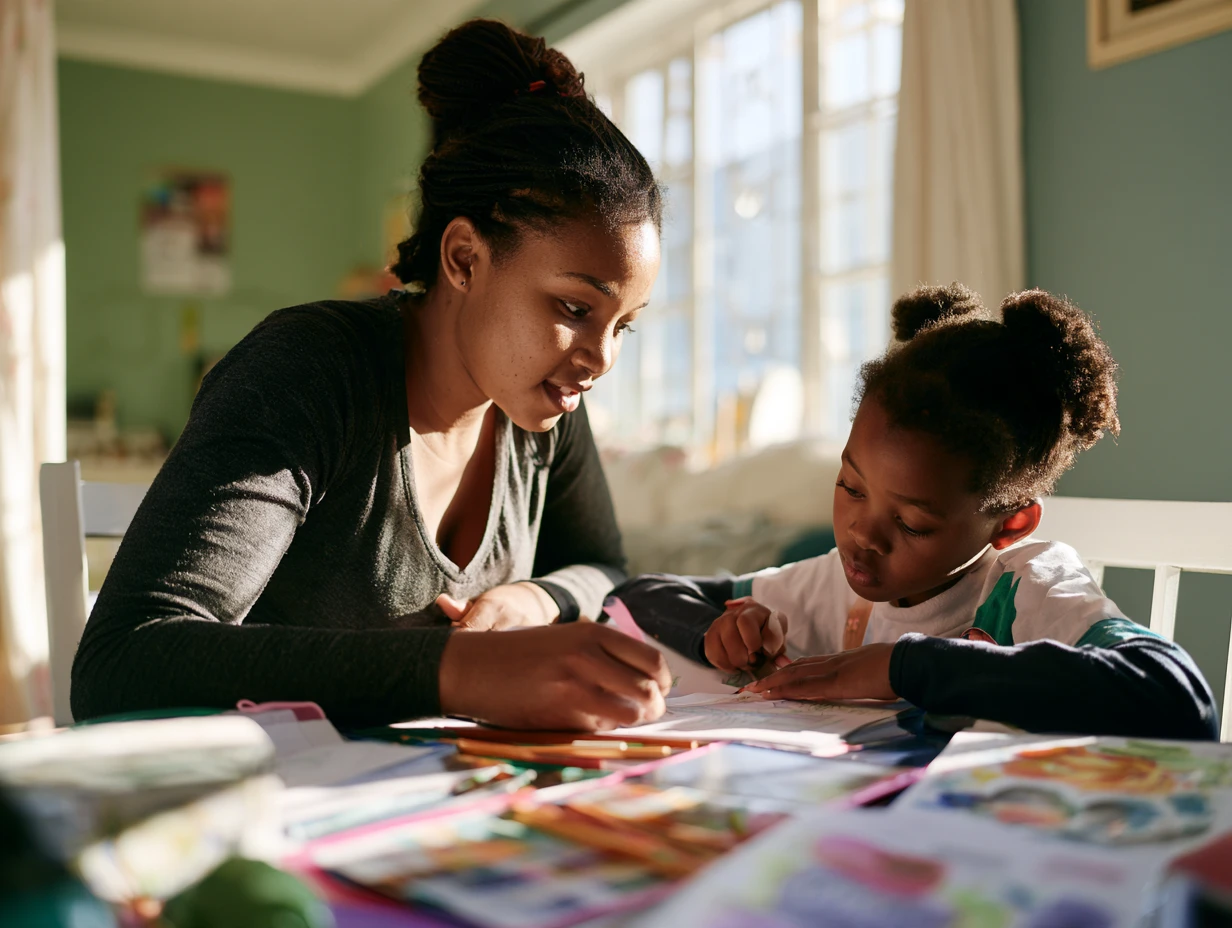 An au pair helping a child with homework at a table