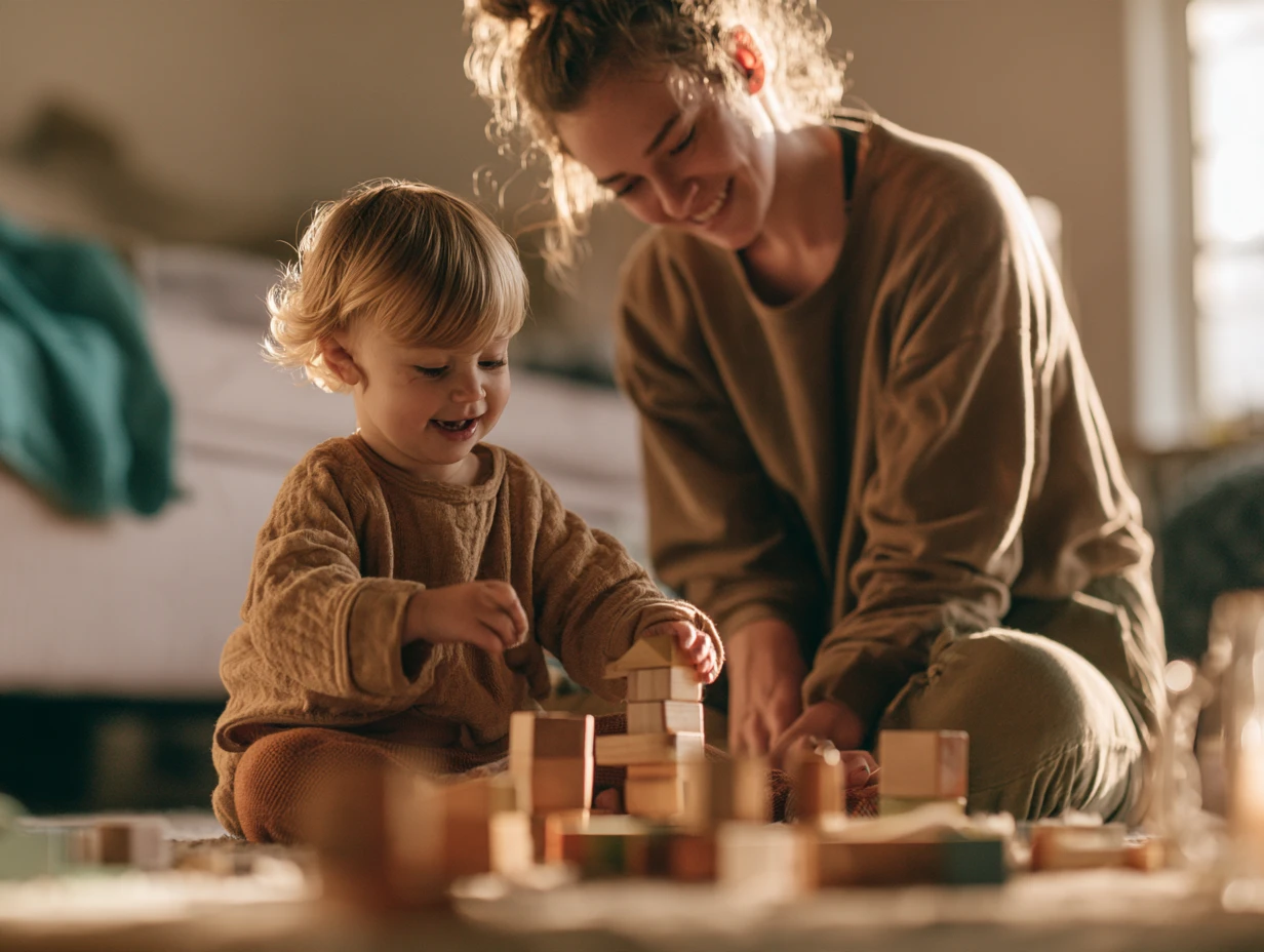 A carer and a toddler stacking wooden blocks on the floor